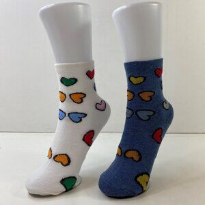 Womens Crew Socks Set 2 Heart Pattern White Blue Orange Green Red Yellow Black